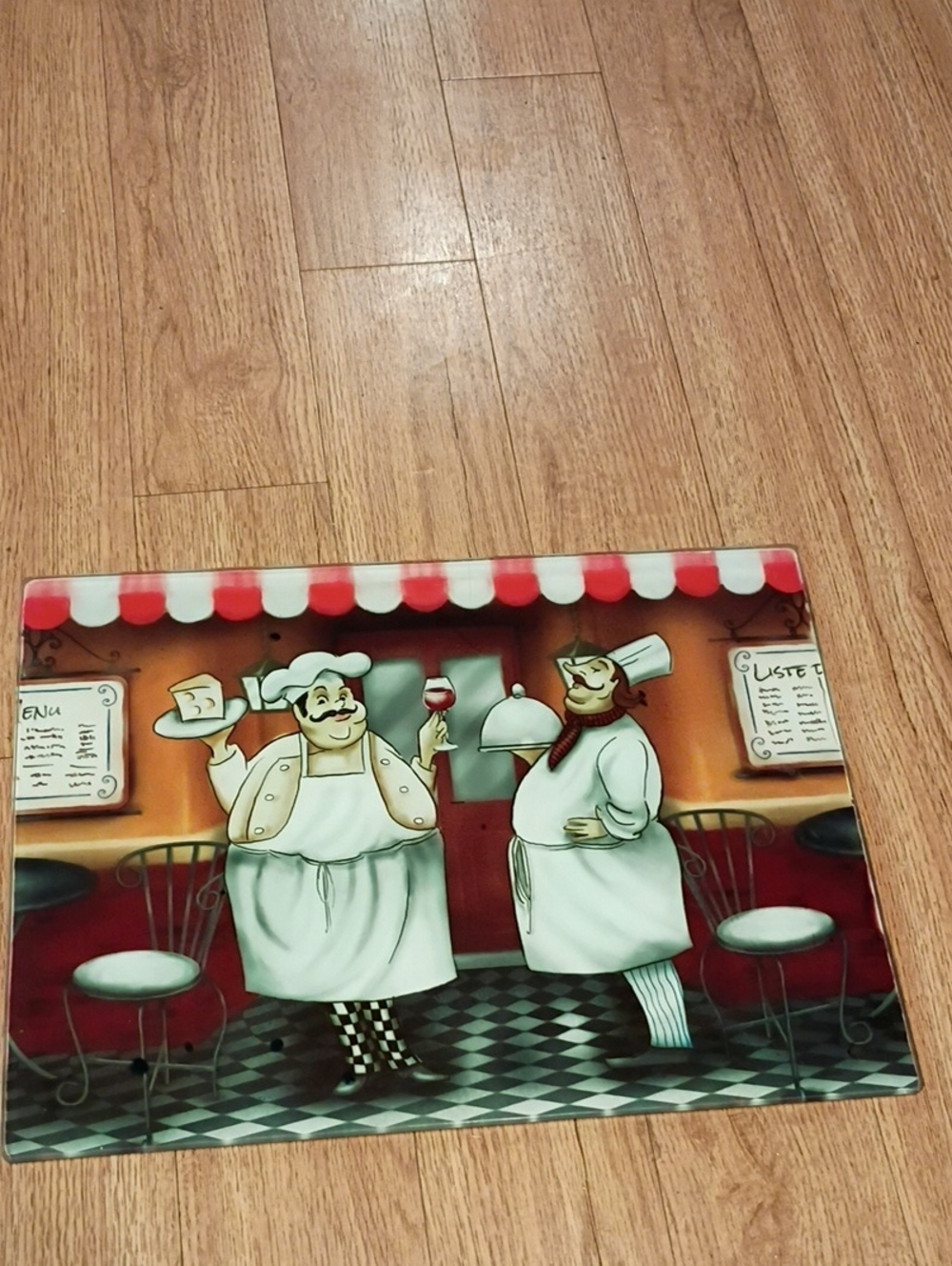 Kitchen Glass Cutting Board with Red and White Bistro Chef Design